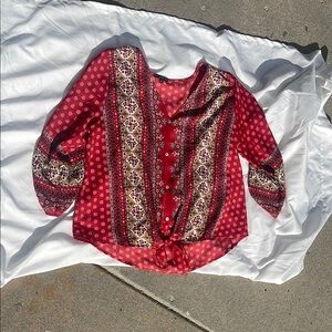 West Kei Red 3/4 Sleeve Buttoned Blouse